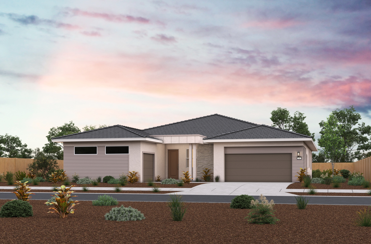 front exterior of modern home with brown door