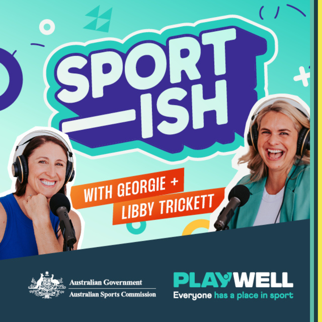 Libby Trickett and Georgie smiling with headphones on with their new podcast branding "Sport-ish" in the background