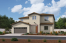 two-story exterior with a dark brown windowed garage and a burnt orange front door
