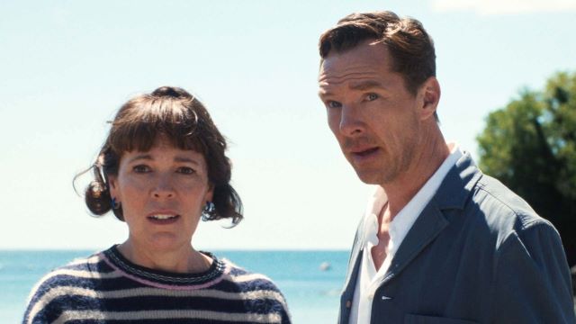 Olivia Colman and Benedict Cumberbatch looking concerned in The Roses movie