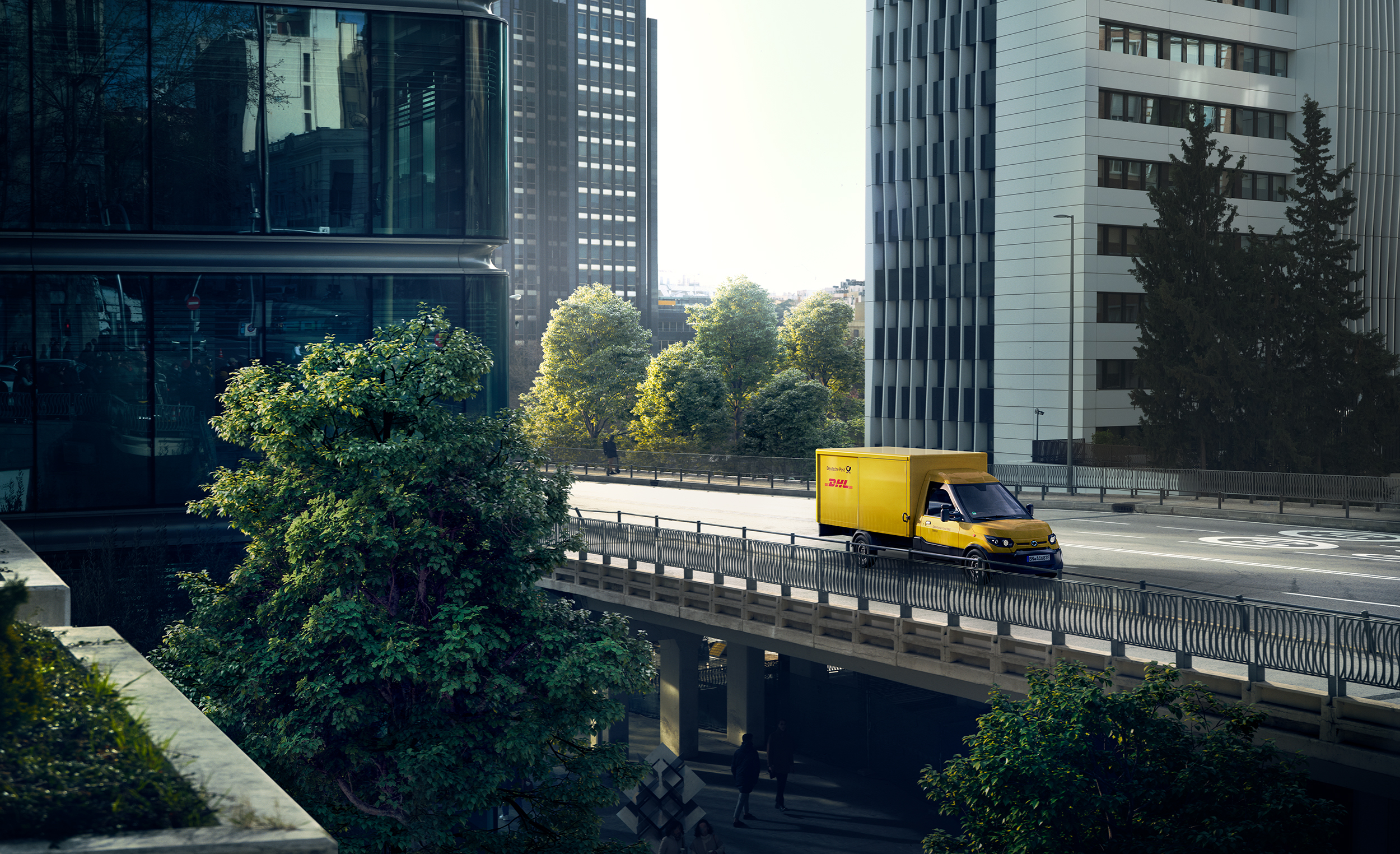 Bild eines fahrenden DHL Trucks in einer Stadt