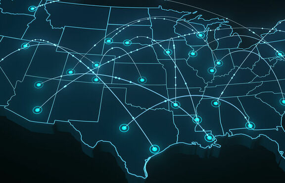 Digital USA map with connected cities