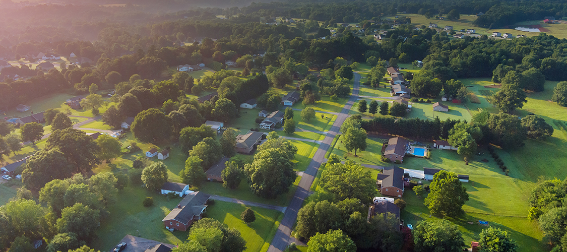 Aerial view of a neighborhood surrounded by trees