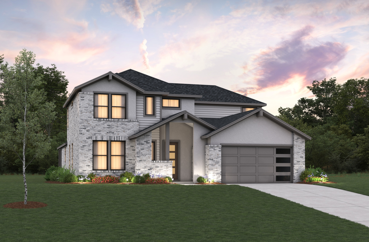 two-story with brick accents, siding, and stucco