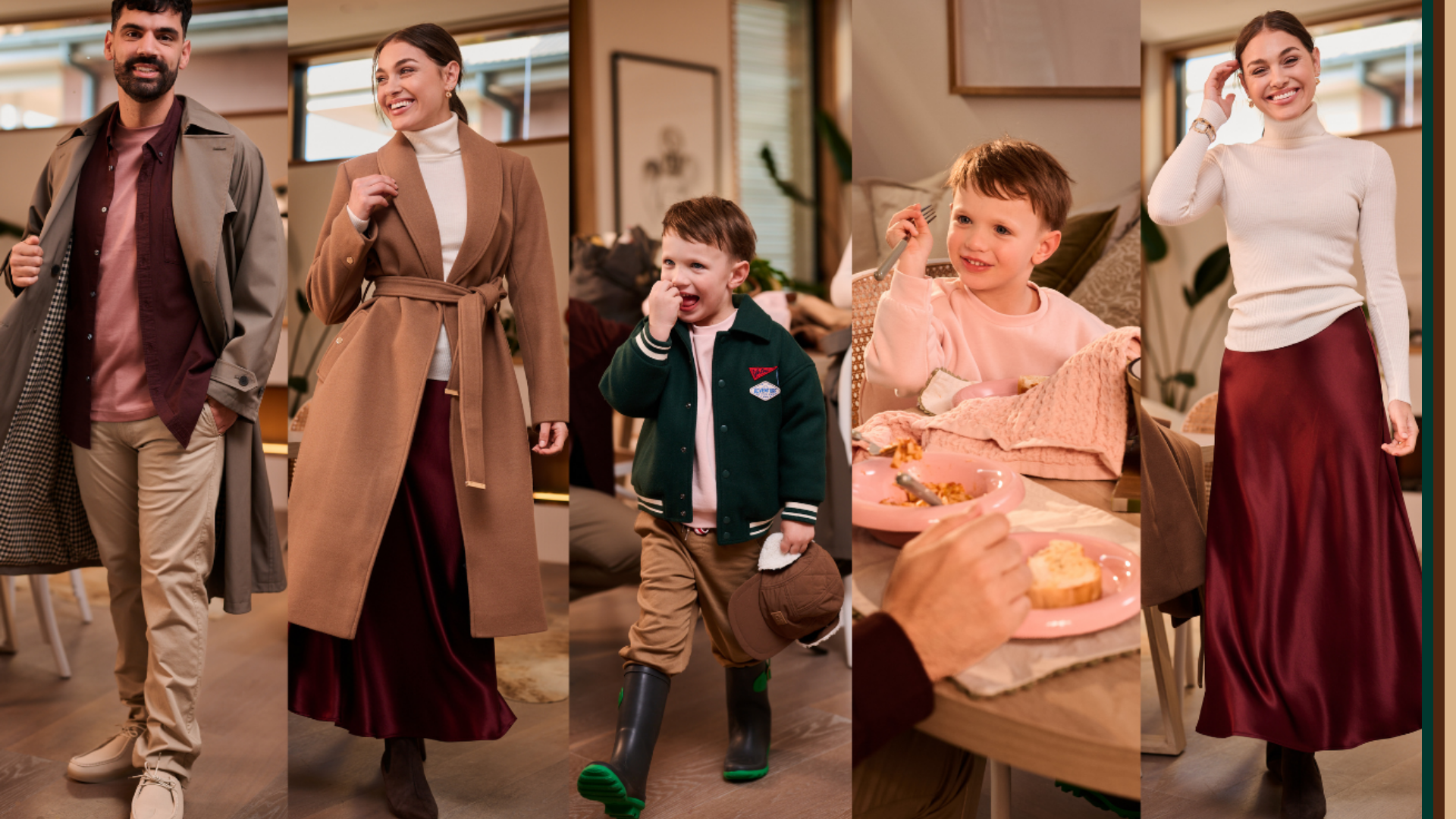 A collage showing people wearing winter outfits indoors, including relaxed outerwear, knits and everyday layers, alongside a child sitting at a table, capturing how winter pieces are worn across daily moments.