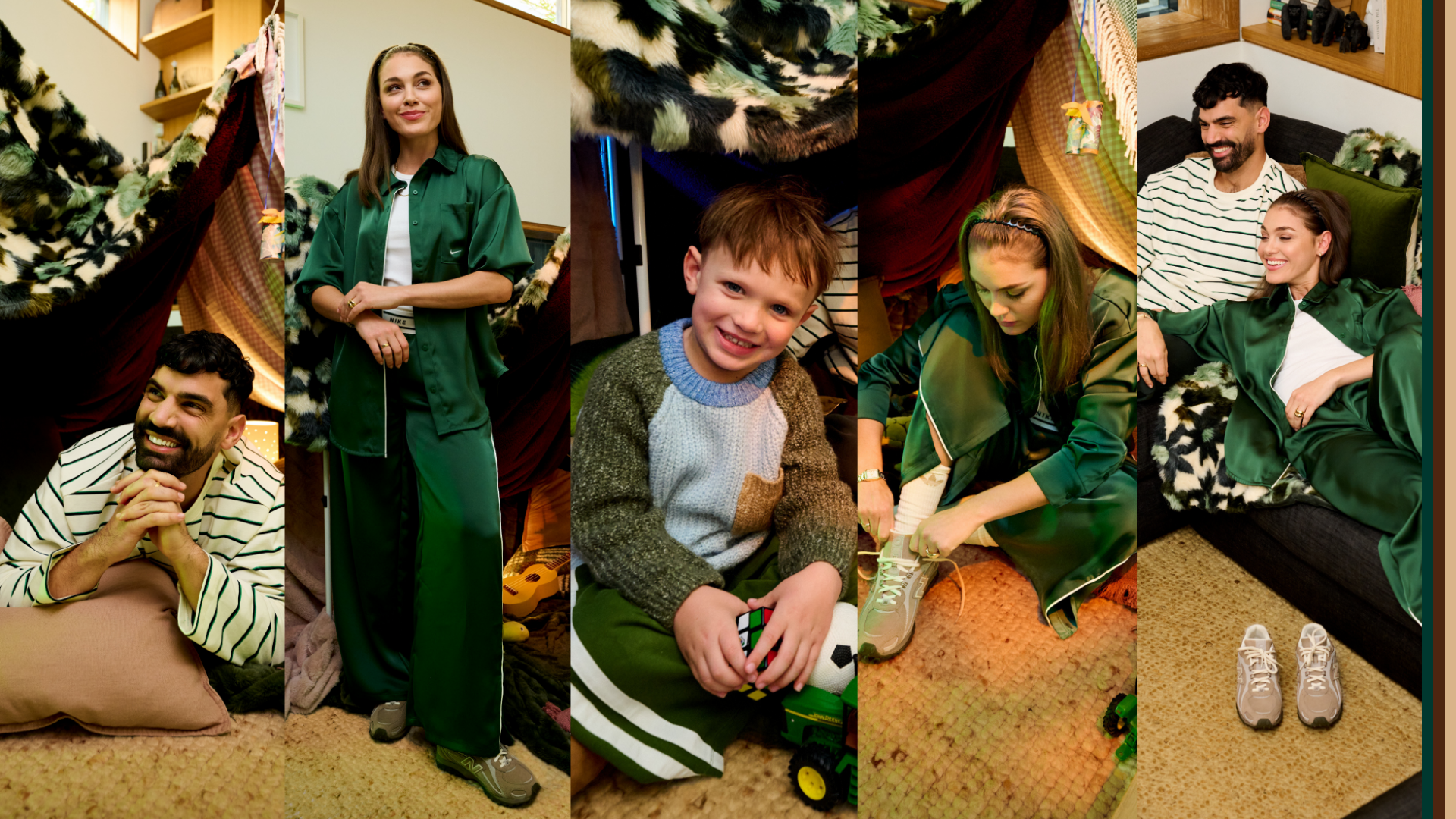 A collage showing people wearing mens, womens and kids winter outfits in a cosy loungeroom setting, capturing how winter pieces are worn across daily moments.