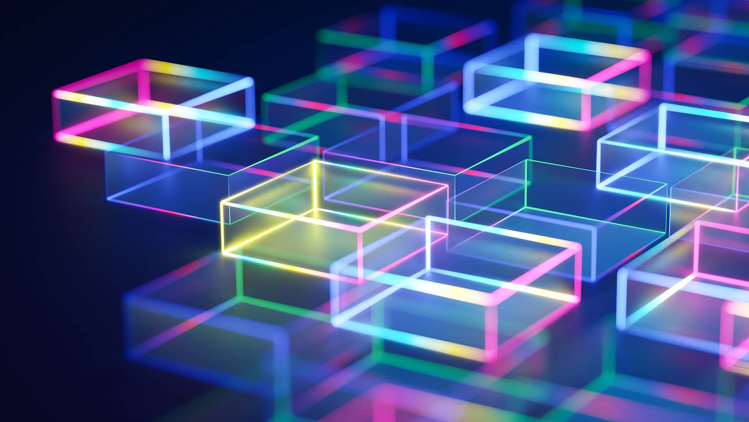 Abstract image of boxes with multi-colored lines.