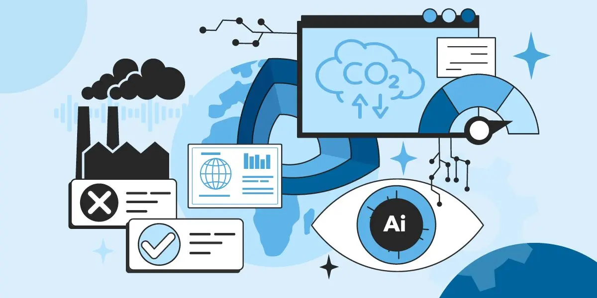 Illustration showing AI technology used for sustainability, including factory emissions, CO₂ monitoring on a digital screen, data dashboards, and an AI eye symbol, representing the role of artificial intelligence in reducing environmental impact.