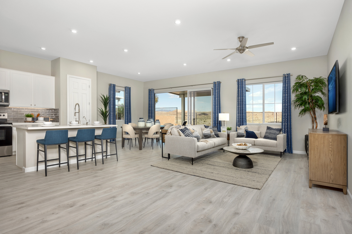 open great room and kitchen with natural light