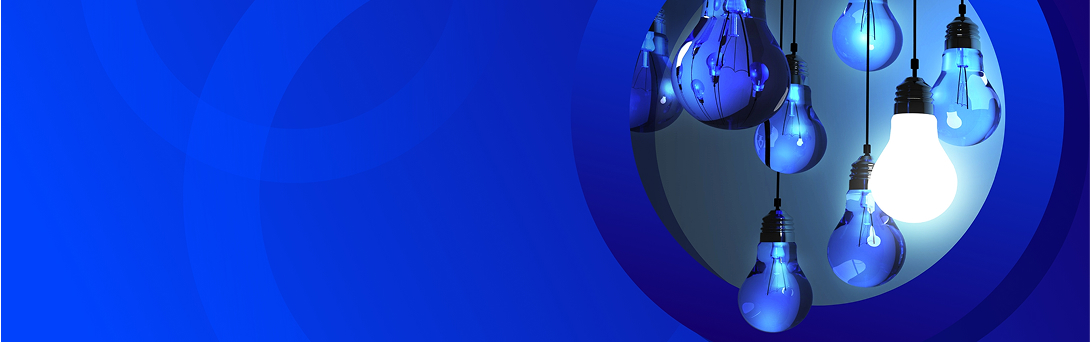 A graphic with a deep blue background on the left that fades to a dark background on the right. On the right side, several blue-tinted light bulbs are hanging, with one bulb glowing bright white, symbolizing a new idea or innovation.