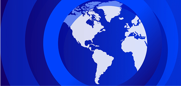 The image is a stylized graphic of a globe or world map centered on the Americas and Africa.The land masses are a light gray/white color, and the oceans are a deep blue.