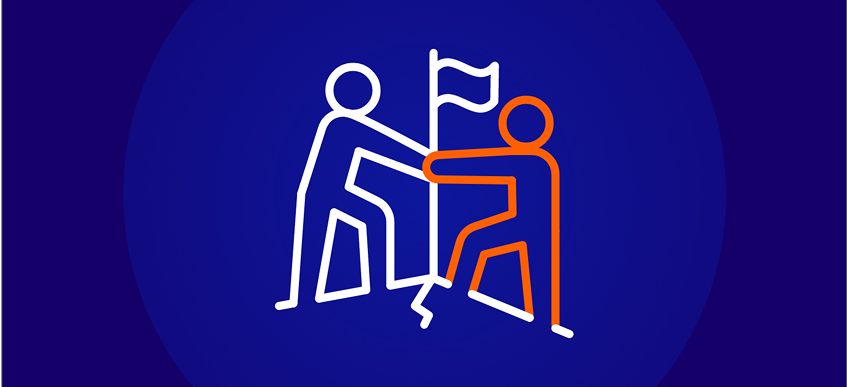 Icon showing two stylized figures climbing a hill toward a flag, with one figure in white assisting the orange-outlined figure in front, symbolizing mentorship or support.
