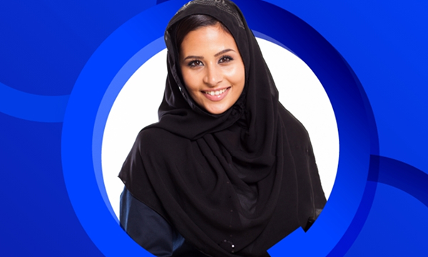 A smiling woman wearing a black hijab looks directly at the camera. She is framed by a white background and concentric blue circular graphics.