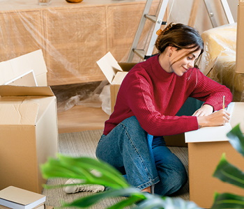 Mlada ženska v novem stanovanju preučuje zavarovanje bloka.