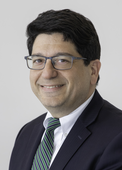 A corporate headshot style portrait of Anthony Picarello, smiling wearing a dark suit, white shirt, and green striped tie on a light grey background.