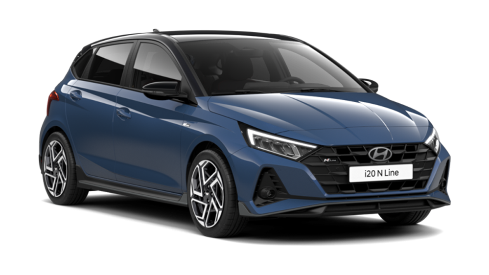 Blue Hyundai i20 N Line hatchback shown on a plain white background.