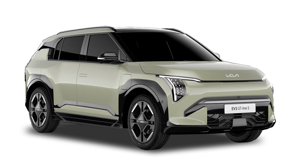 Kia EV3 GT Line S electric SUV in light green shown in a front three quarter view on a white background.