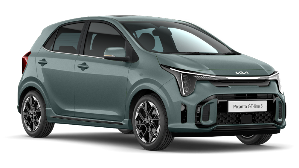 Green Kia Picanto GT-Line S city car shown on a plain background.