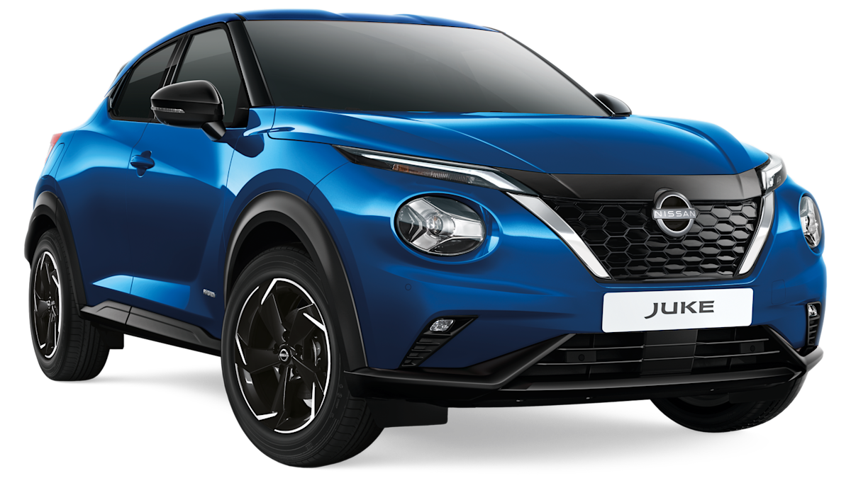 A blue Nissan Juke compact SUV displayed on a white background, viewed from the front left angle.
