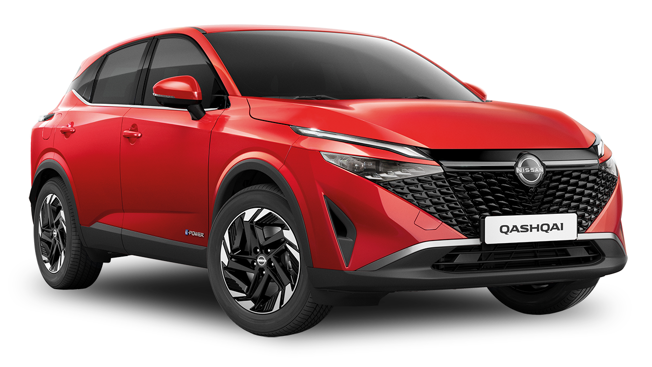 Red Nissan Qashqai SUV shown from the front left angle on a plain light grey background. The car has black alloy wheels, dark tinted windows and a large black front grille.