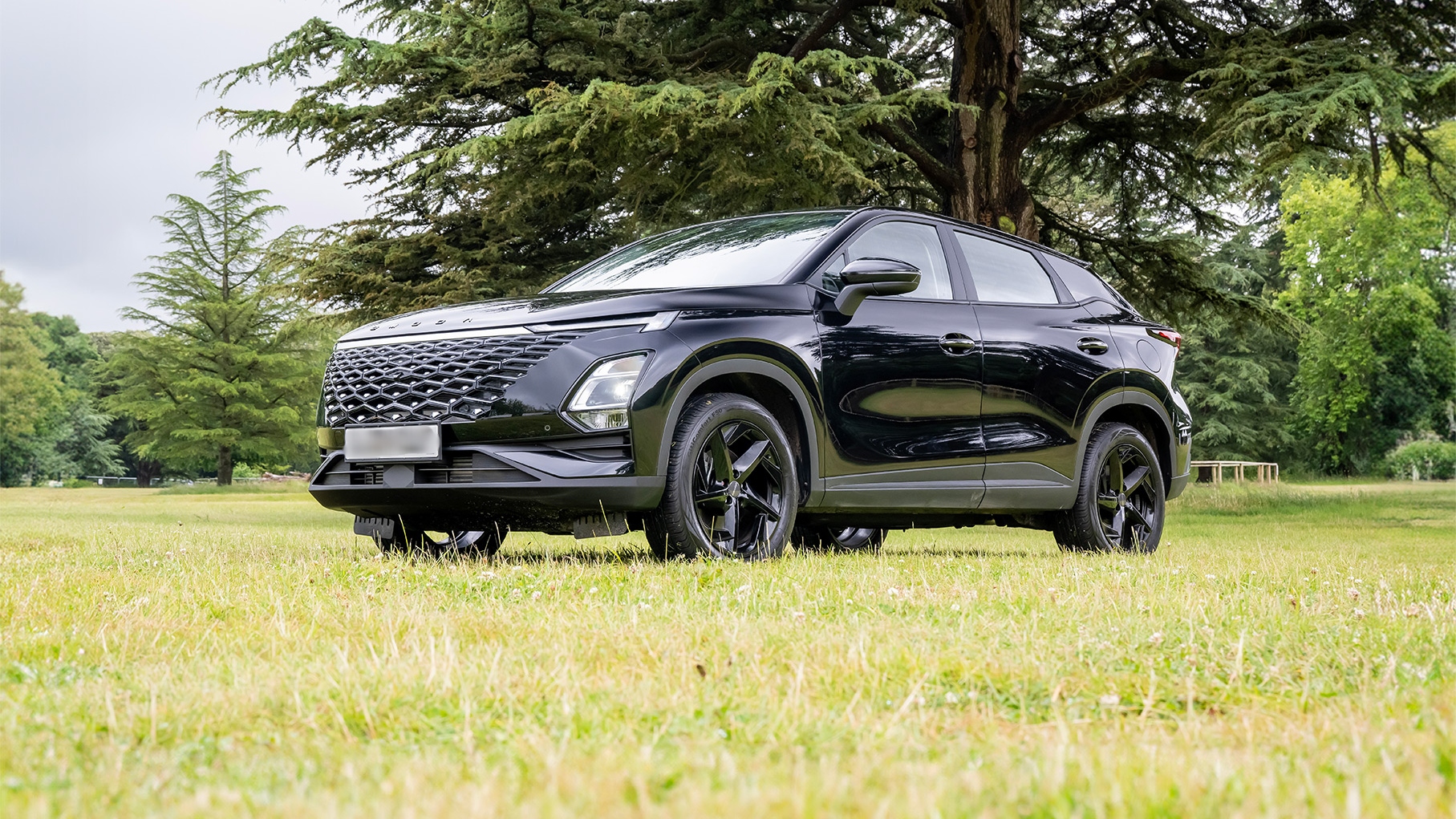 Black Omoda 5 SUV parked on grass in a park setting with large trees in the background, front three quarter view.