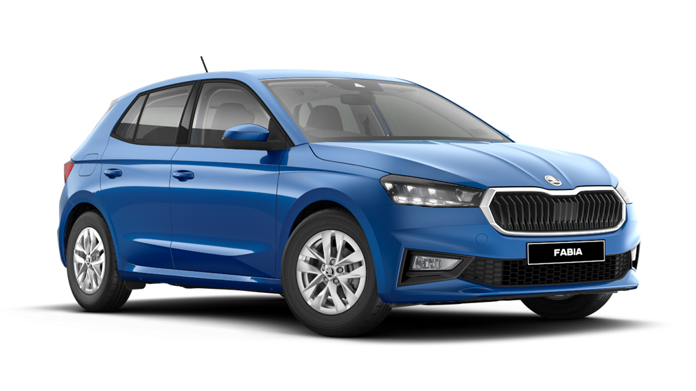 Blue Škoda Fabia hatchback shown on a plain white background.