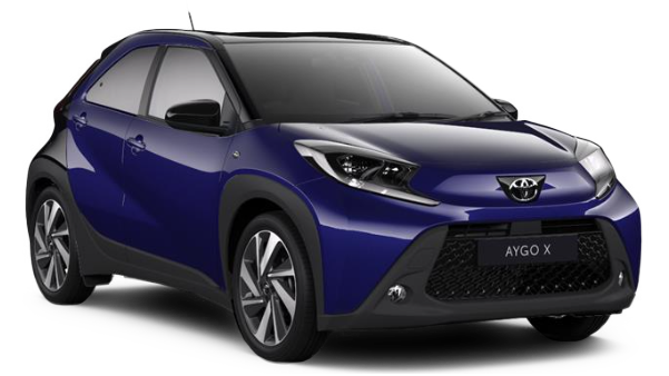 Blue Toyota Aygo X city car shown on a plain background.