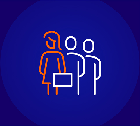 A line icon on a dark blue background showing a group of three people (two white outlines and one orange outline of a woman with a brief case), suggesting leadership or professional recognition.