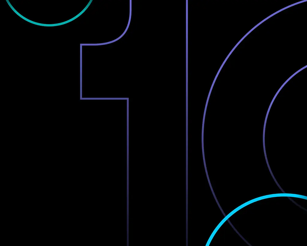 Abstract graphic on a black background featuring large, stylized outlines of the numbers 1 and 0. The lines are a gradient of purple and bright cyan/blue.