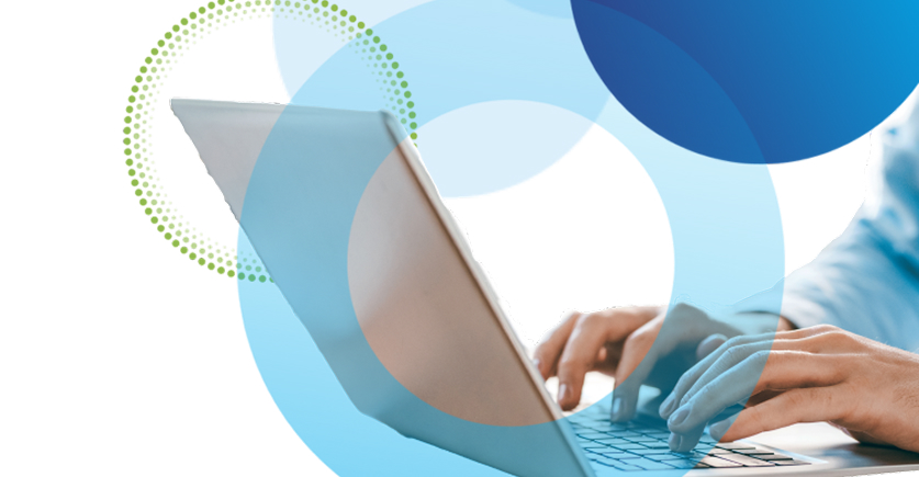 Close-up of hands typing on a laptop keyboard. The image is overlaid with transparent blue and green circular and dotted abstract shapes against a white background.