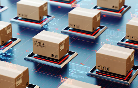 artwork of rows of boxes ready for shipping