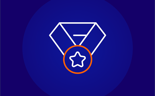 A white line-art icon of a diamond or medallion on a ribbon with a star in an orange circle overlay, set against a dark blue background.