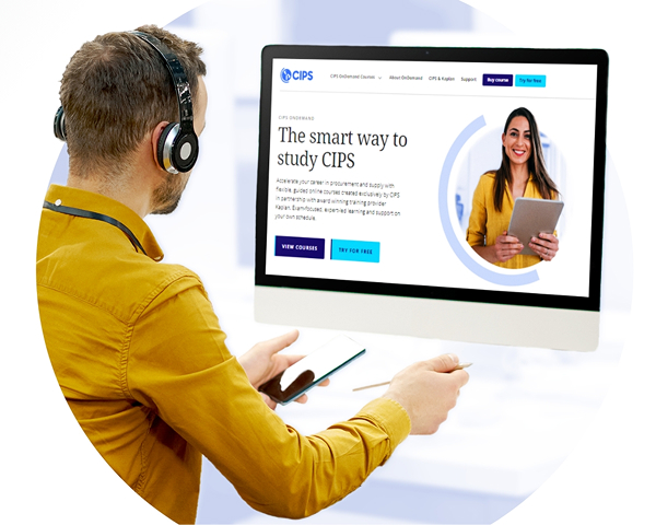 The central element is a computer screen displaying a website for CIPS On-demand Courses. The headline reads, 