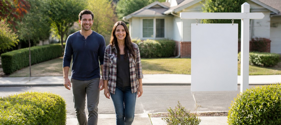 A couple walking toward a home with a sign out front.