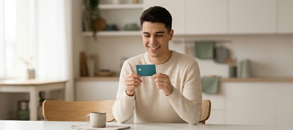A young man sitting at a table holding up a credit card and smiling.