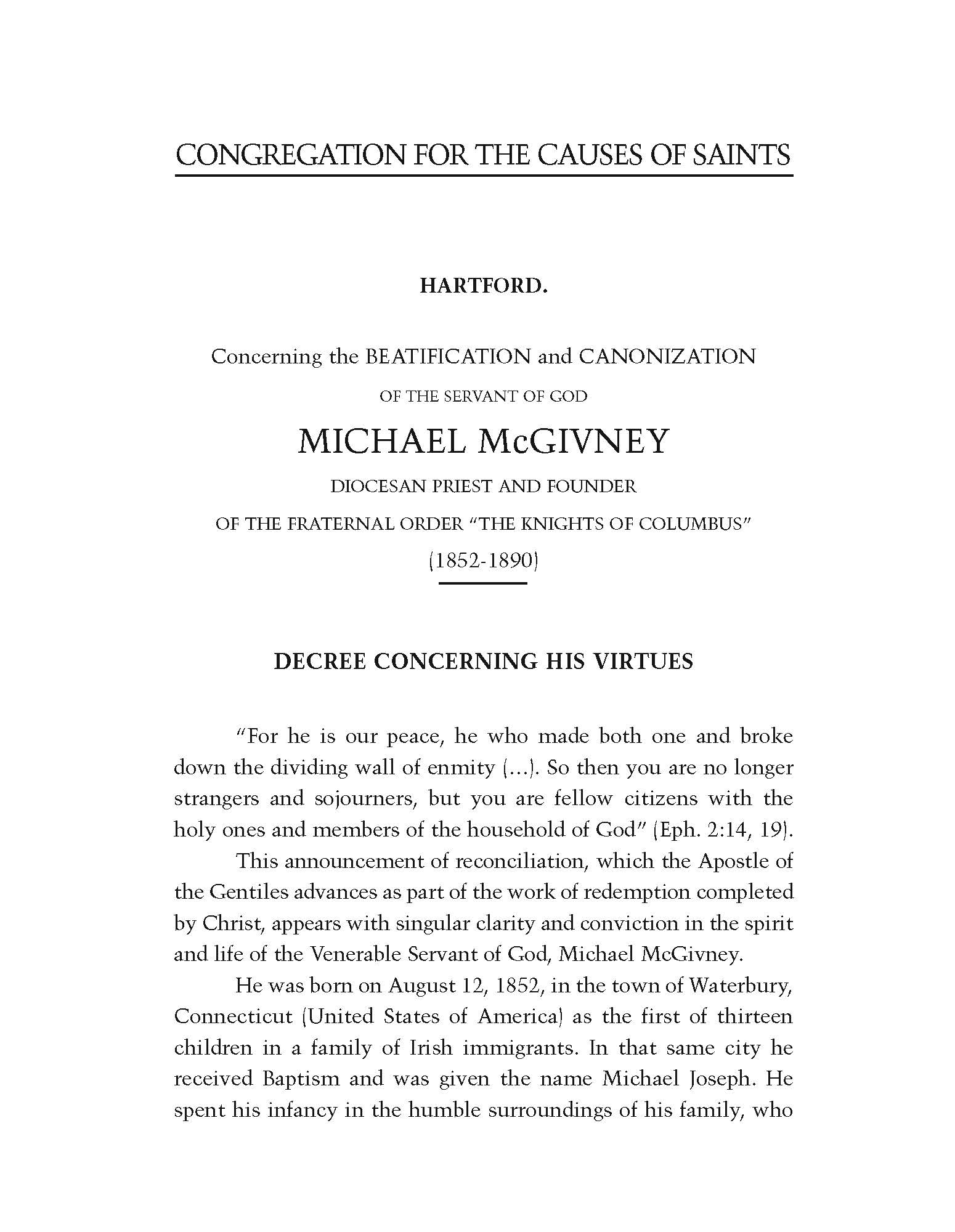 First page of the Congregation for the Causes of Saints announced on March 15, 2008, that Pope Benedict XVI had approved a decree of heroic virtue.