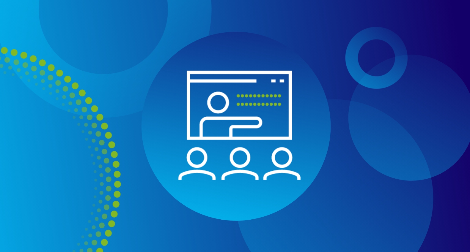 Illustration of a person presenting on a screen to an audience, on a blue abstract background.