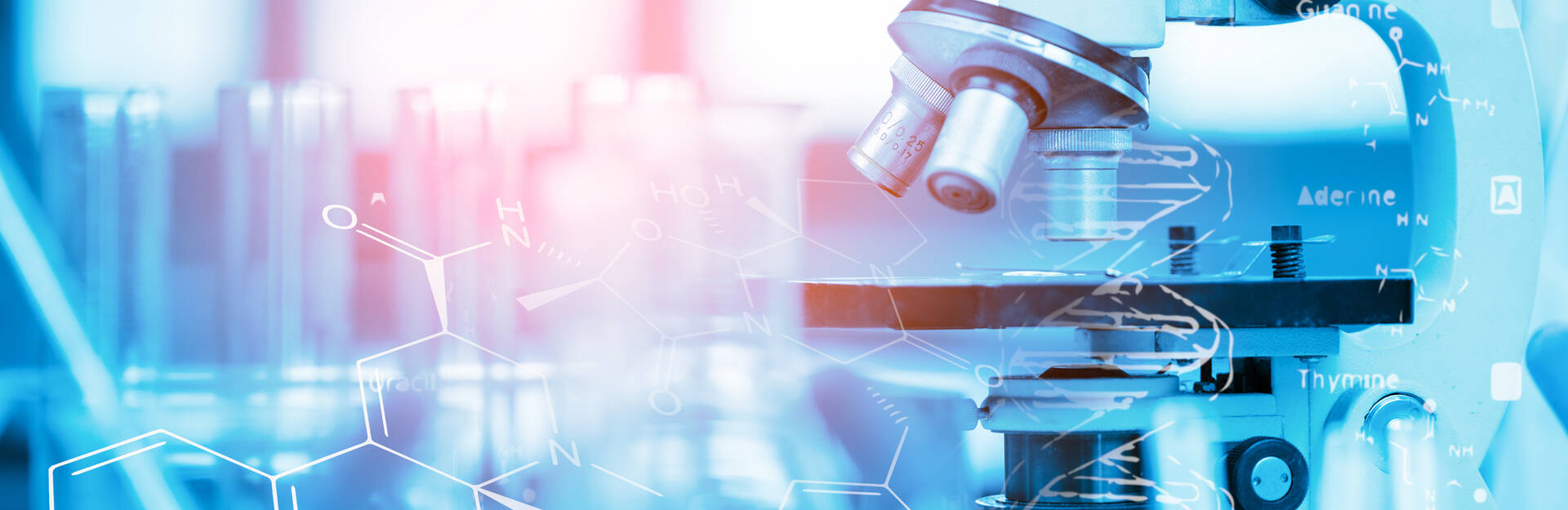image of a microscope and beakers with a chemical formula superimposed over the top