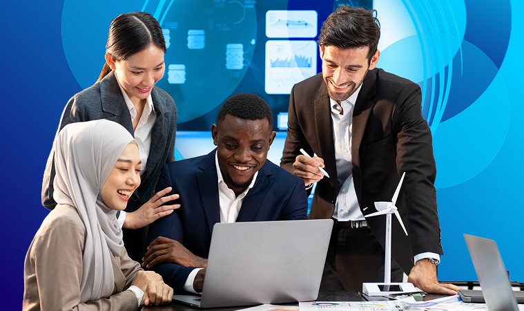 Diverse group of people gathering around laptop, photograph is cropped in circle with decorative cyan and blue circle elements