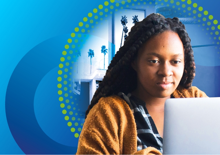A young woman with long, dark braids looks intently at a laptop screen. The image is overlaid with a blue and dotted yellow-green circular graphic.