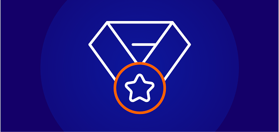 An icon of a white diamond shape with a hanging orange medallion featuring a white star, on a dark blue background.