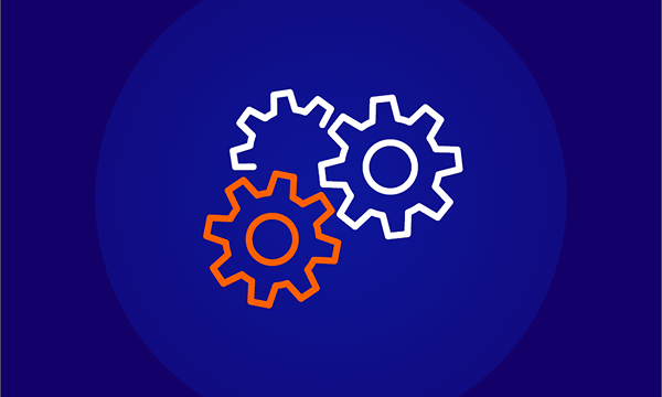 An icon featuring three white and orange interconnected gear cogs on a dark blue background.