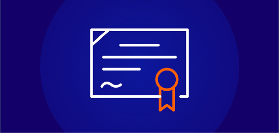 An icon of a white diploma or certificate with an orange wax seal and ribbon, on a dark blue background.