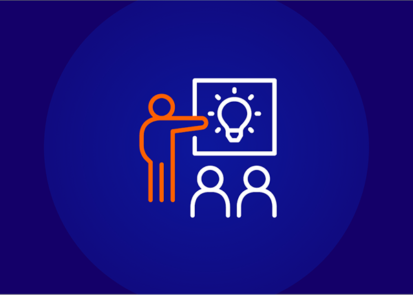 An icon showing an orange-outlined person giving a presentation with a lightbulb idea graphic to two white-outlined audience members, on a dark blue background.