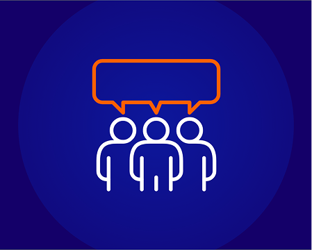 An icon of three white-outlined people with an orange-outlined speech bubble above them, on a dark blue background.