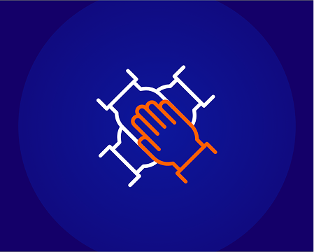 An icon of a group of four hands interlocked in the center, with one hand outlined in orange and the others in white, on a dark blue background.