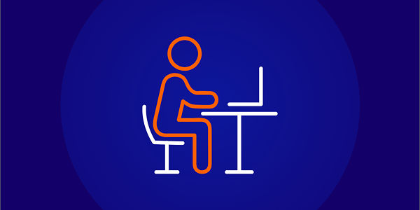 A simple orange and white outline icon showing a person sitting at a desk working on a laptop, centered on a dark blue background.