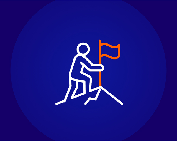 An icon of a white-outlined person climbing a mountain and planting an orange-outlined flag at the peak, on a dark blue background.