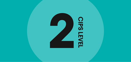 A graphic showing the number "2" in black text inside a teal circle, with the words "CIPS LEVEL" written vertically, on a teal background.