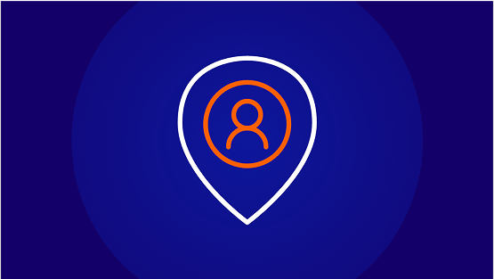 An icon of a white location pin with an orange-outlined person icon inside, on a dark blue background.